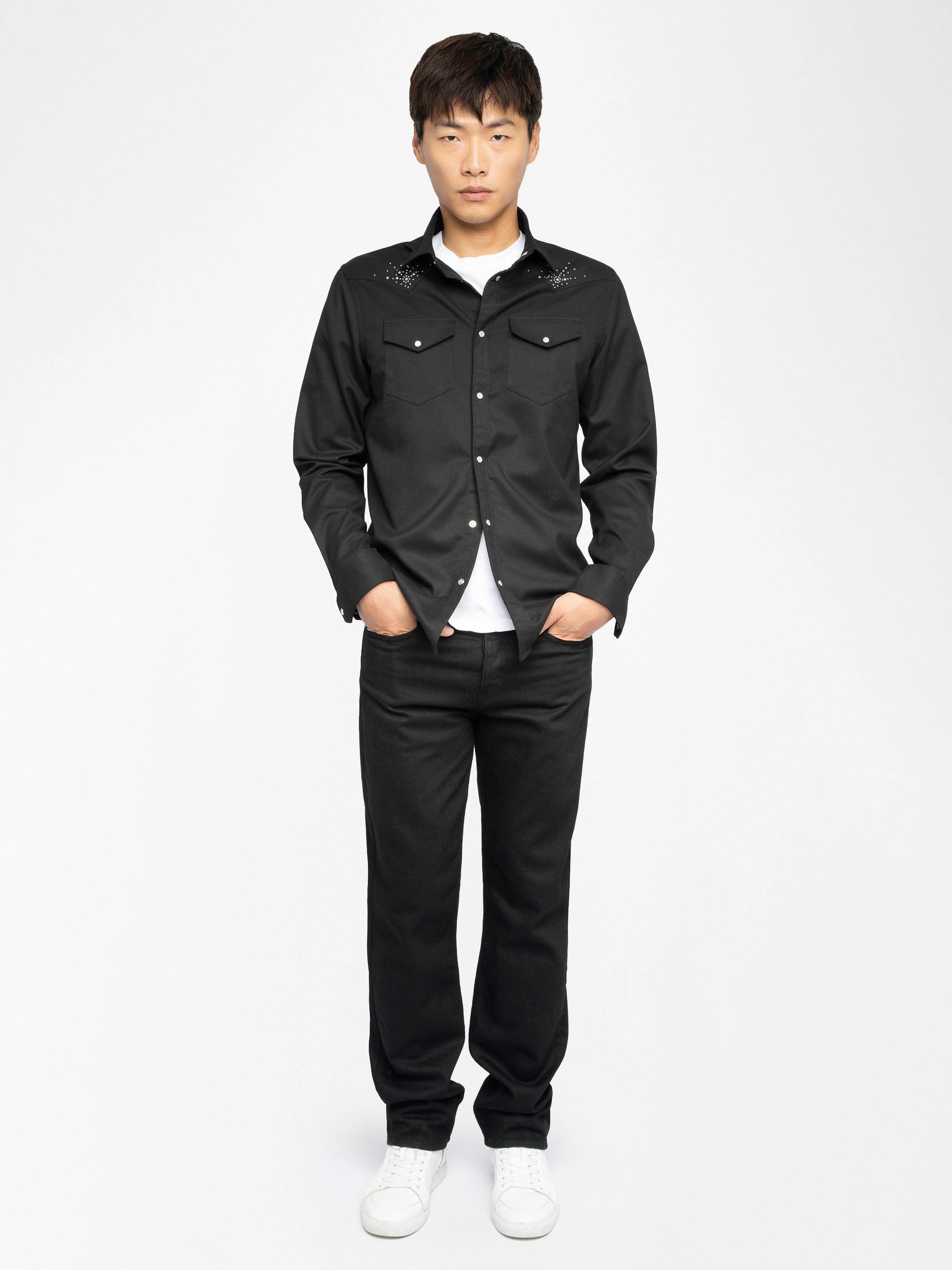 Saby Shirt - Denim shirt with flannel finish, flap pockets with wing embroidery, western-inspired details, studs, long sleeves and button fastening.