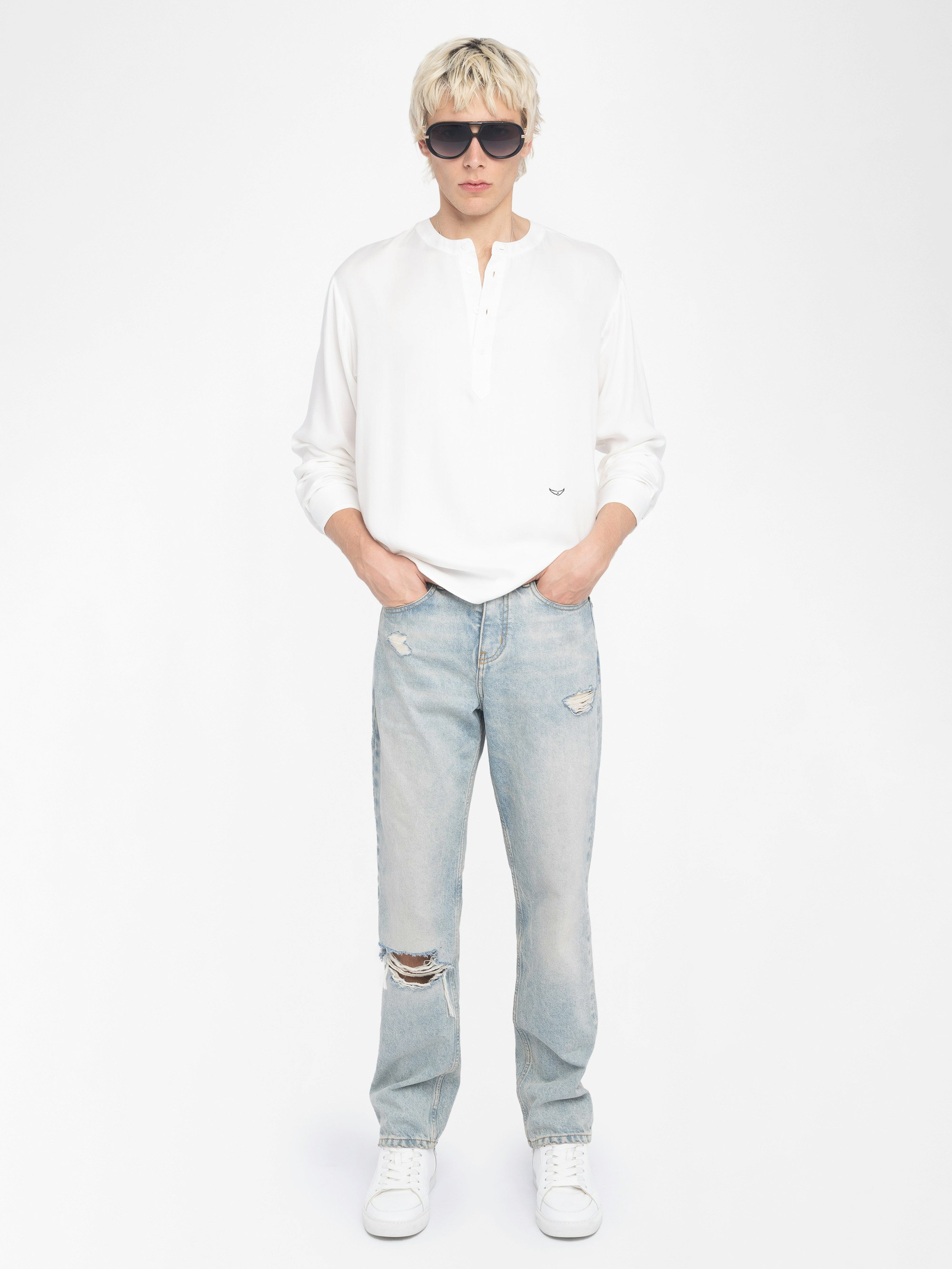 Camicia Sora - Camicia leggera con collo alla coreana, maniche leggermente a sbuffo con chiusura a bottoni.
