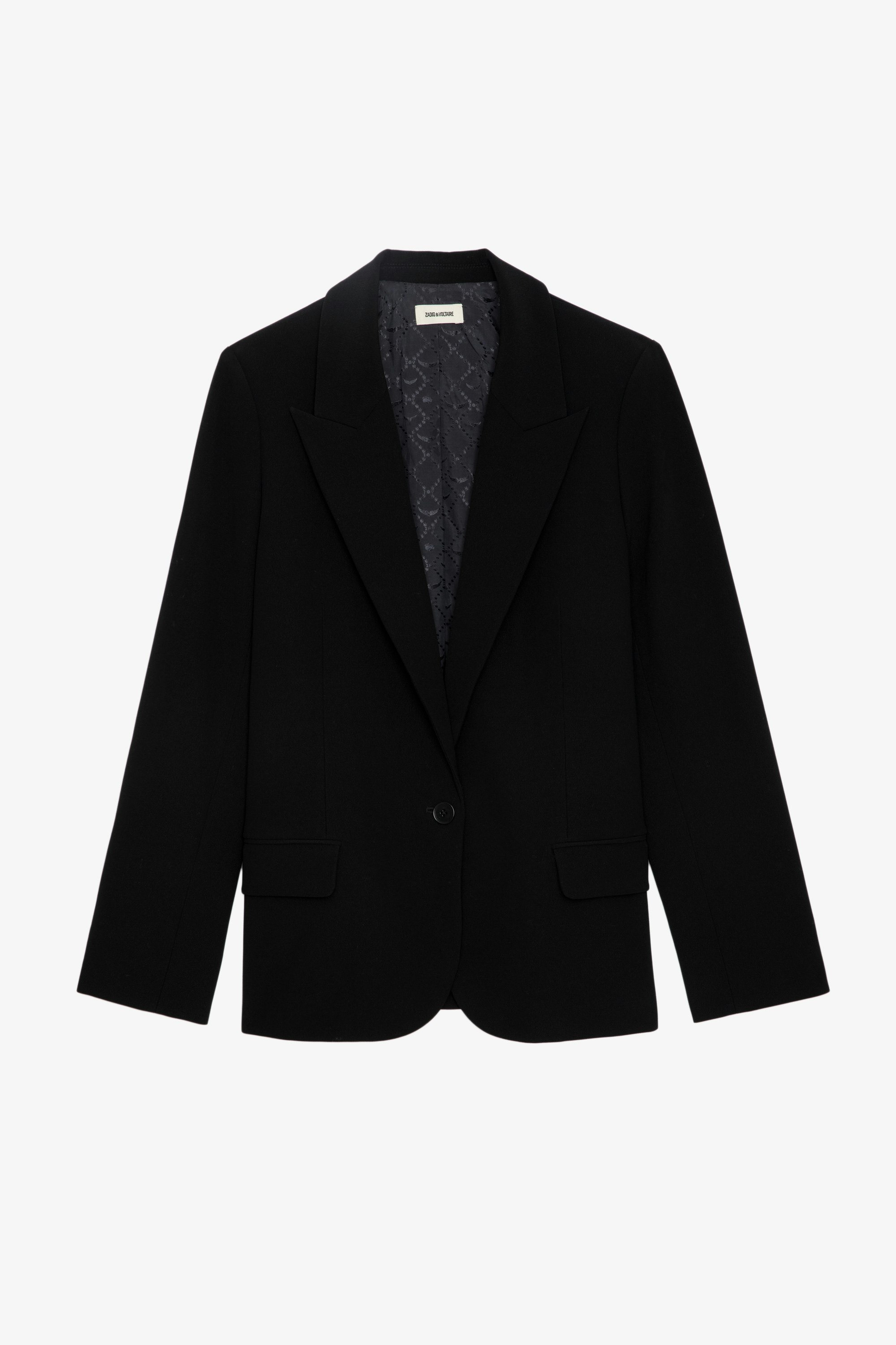 Blazer Voyage - Veste blazer noire oversize à col en pointe, fermeture boutonnée et poches.