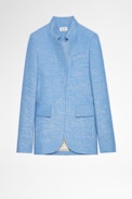 Very Blazer Leinen - Women's linen and cotton blazer in sky-blue with gold metallic threads