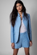 Very Blazer Leinen - Women's linen and cotton blazer in sky-blue with gold metallic threads
