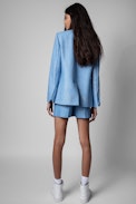 Very Blazer Leinen - Women's linen and cotton blazer in sky-blue with gold metallic threads
