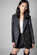 Vrom Jacket - Women's navy blue tailored wool jacket with tennis stripes