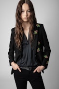 Venus Diamanté Flower Blazer - Women’s black blazer with crystal-embellished flowers