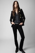 Venus Diamanté Flower Blazer - Women’s black blazer with crystal-embellished flowers