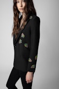 Venus Diamanté Flower Blazer - Women’s black blazer with crystal-embellished flowers