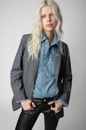 Viva Marl Diamanté Jacket - Women's grey marl tailored jacket with crystal-embellished floral motifs