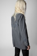 Viva Marl Diamanté Jacket - Women's grey marl tailored jacket with crystal-embellished floral motifs