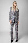 Visko Jacquard Blazer - Women's blue jacquard jacket with floral motifs
