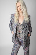 Visko Jacquard Blazer - Women's blue jacquard jacket with floral motifs