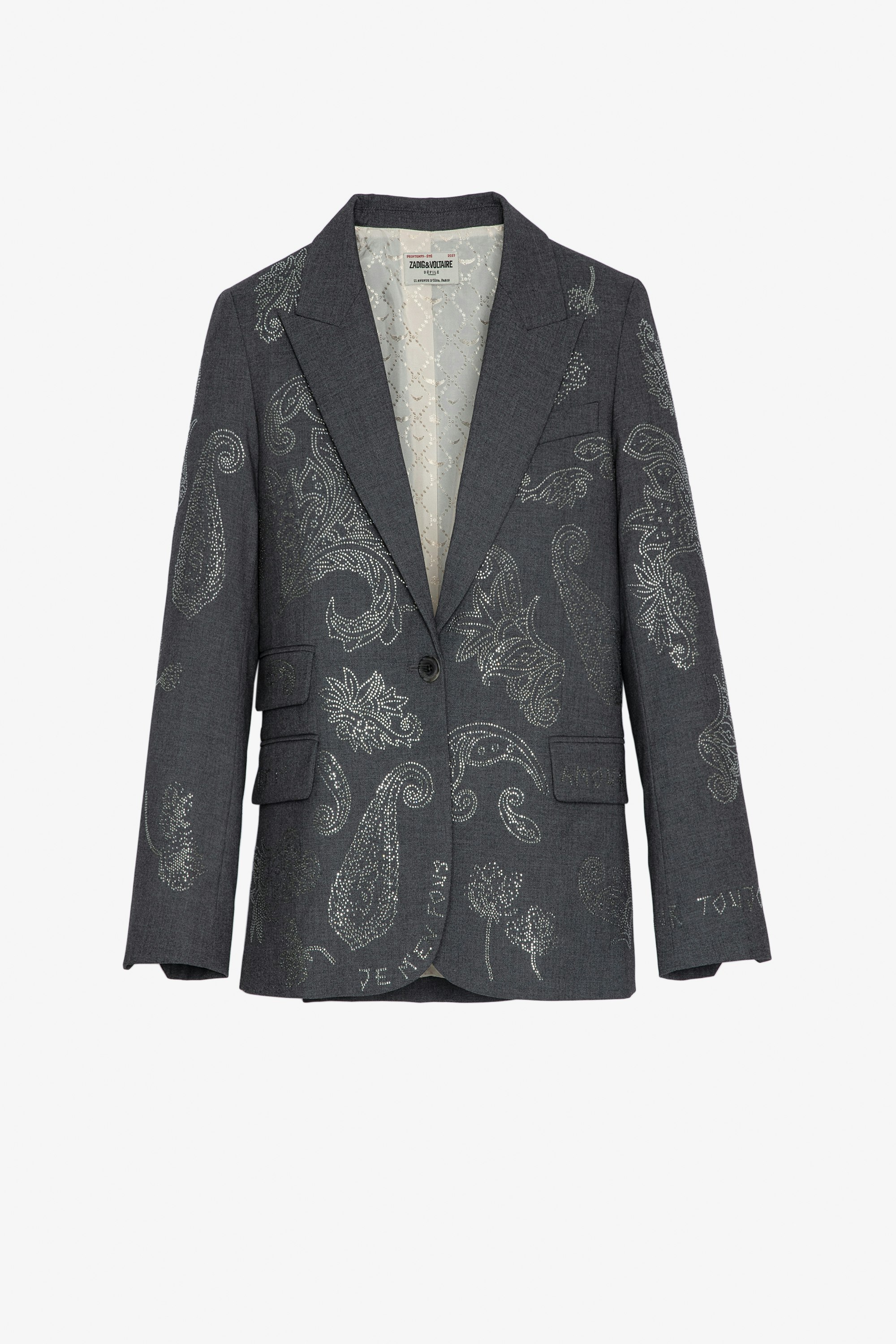 Venus Strass Blazer Women’s grey tailored jacket with paisley pattern decorated with strass