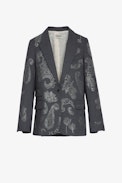 Venus Strass Blazer - Women’s grey tailored jacket with paisley pattern decorated with strass
