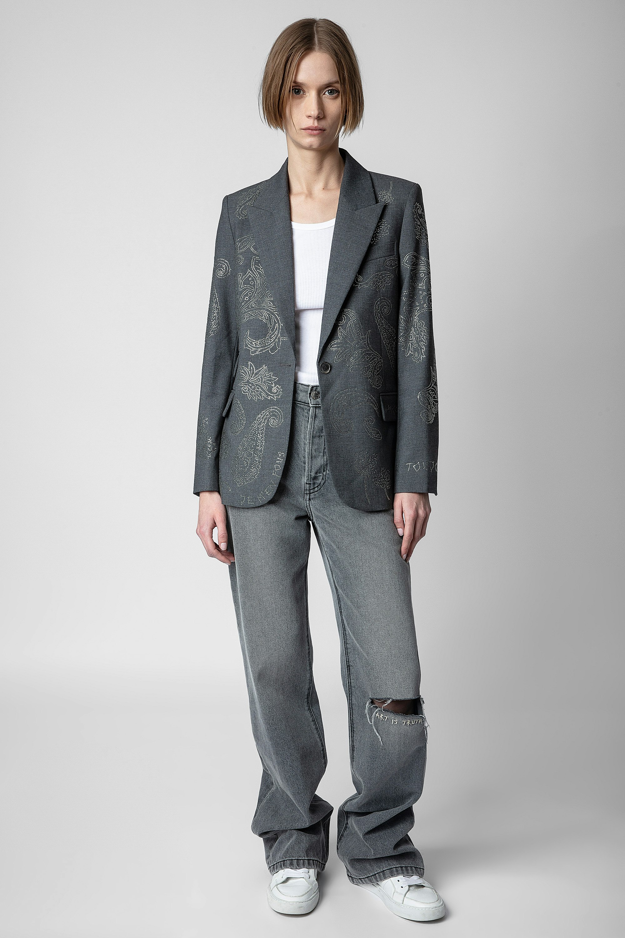 Venus Strass Blazer - Women’s grey tailored jacket with paisley pattern decorated with strass