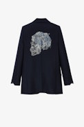 Viva Strass Blazer - Women’s navy blue suit jacket with rhinestone-embellished skull on the back