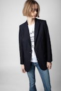 Viva Strass Blazer - Women’s navy blue suit jacket with rhinestone-embellished skull on the back