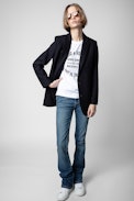 Viva Strass Blazer - Women’s navy blue suit jacket with rhinestone-embellished skull on the back
