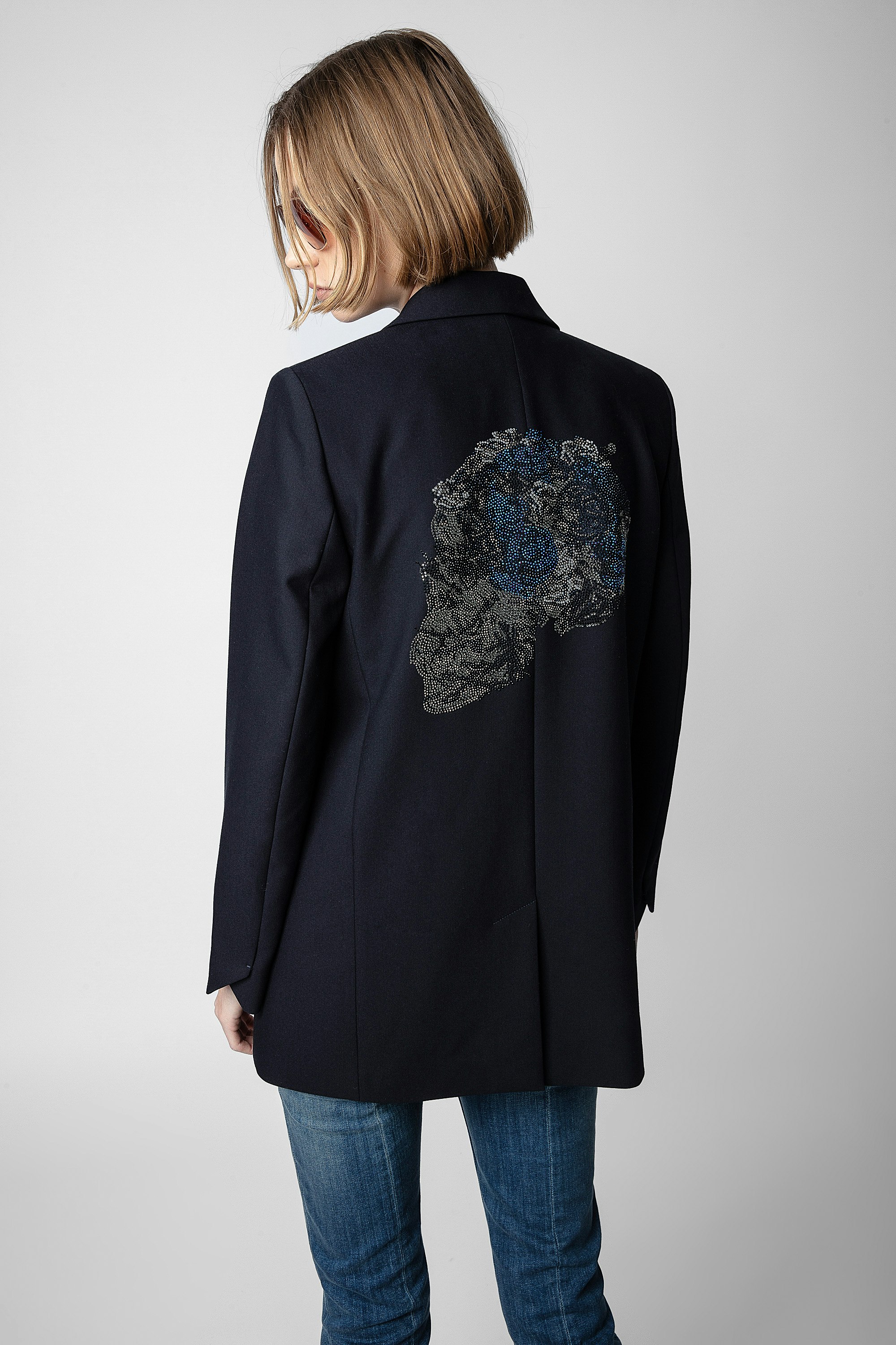 Viva Strass Jacket - Women’s navy blue suit jacket with rhinestone-embellished skull on the back
