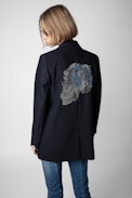 Viva Strass Blazer - Women’s navy blue suit jacket with rhinestone-embellished skull on the back