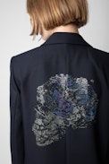 Viva Strass Blazer - Women’s navy blue suit jacket with rhinestone-embellished skull on the back