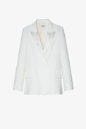 Visit Blazer - Women's off-white tailored jacket with rhinestone-studded collar