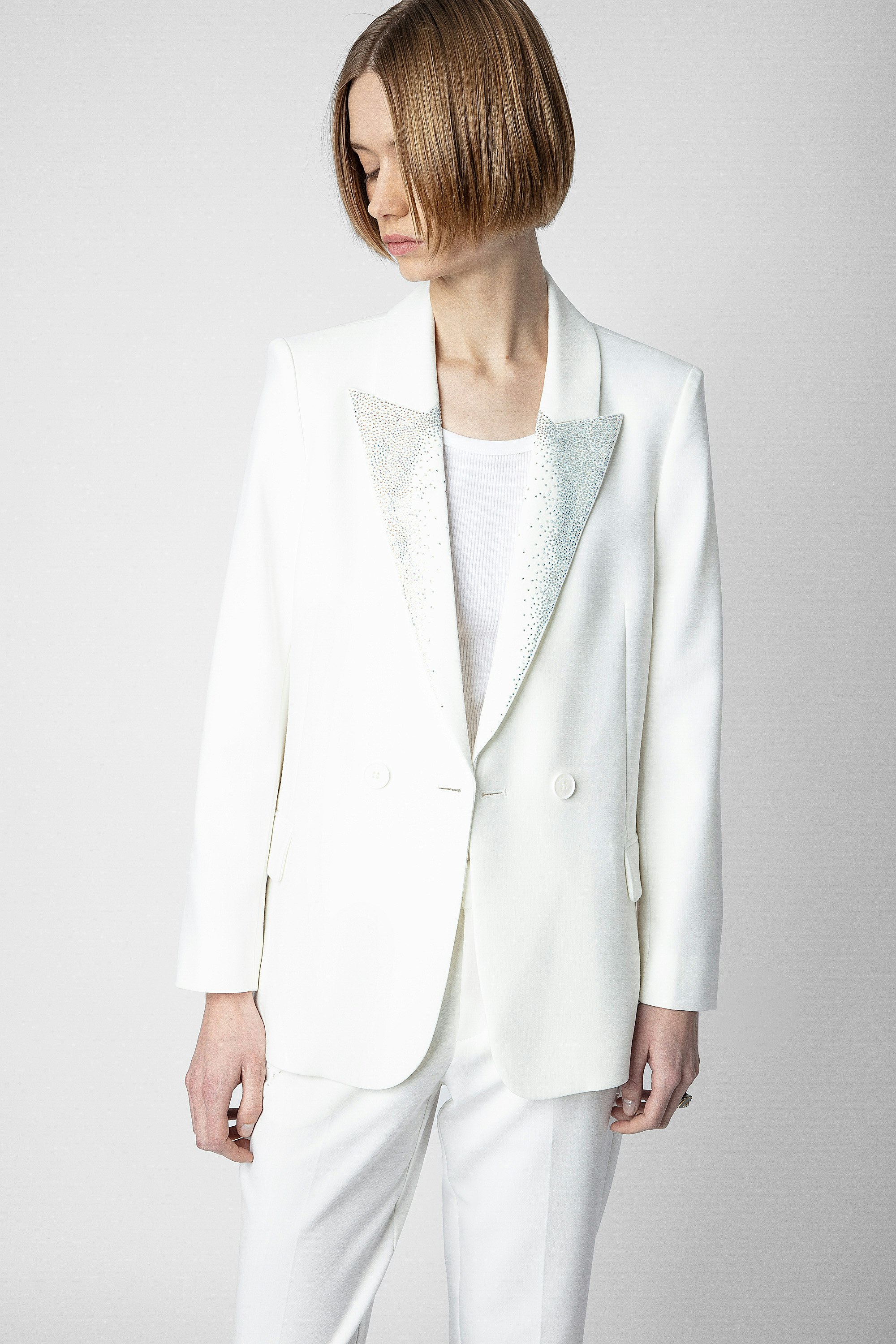 Visit Blazer - Women's off-white tailored jacket with rhinestone-studded collar