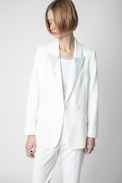 Visit Blazer - Women's off-white tailored jacket with rhinestone-studded collar