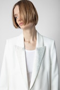 Visit Blazer - Women's off-white tailored jacket with rhinestone-studded collar