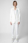 Visit Blazer - Women's off-white tailored jacket with rhinestone-studded collar