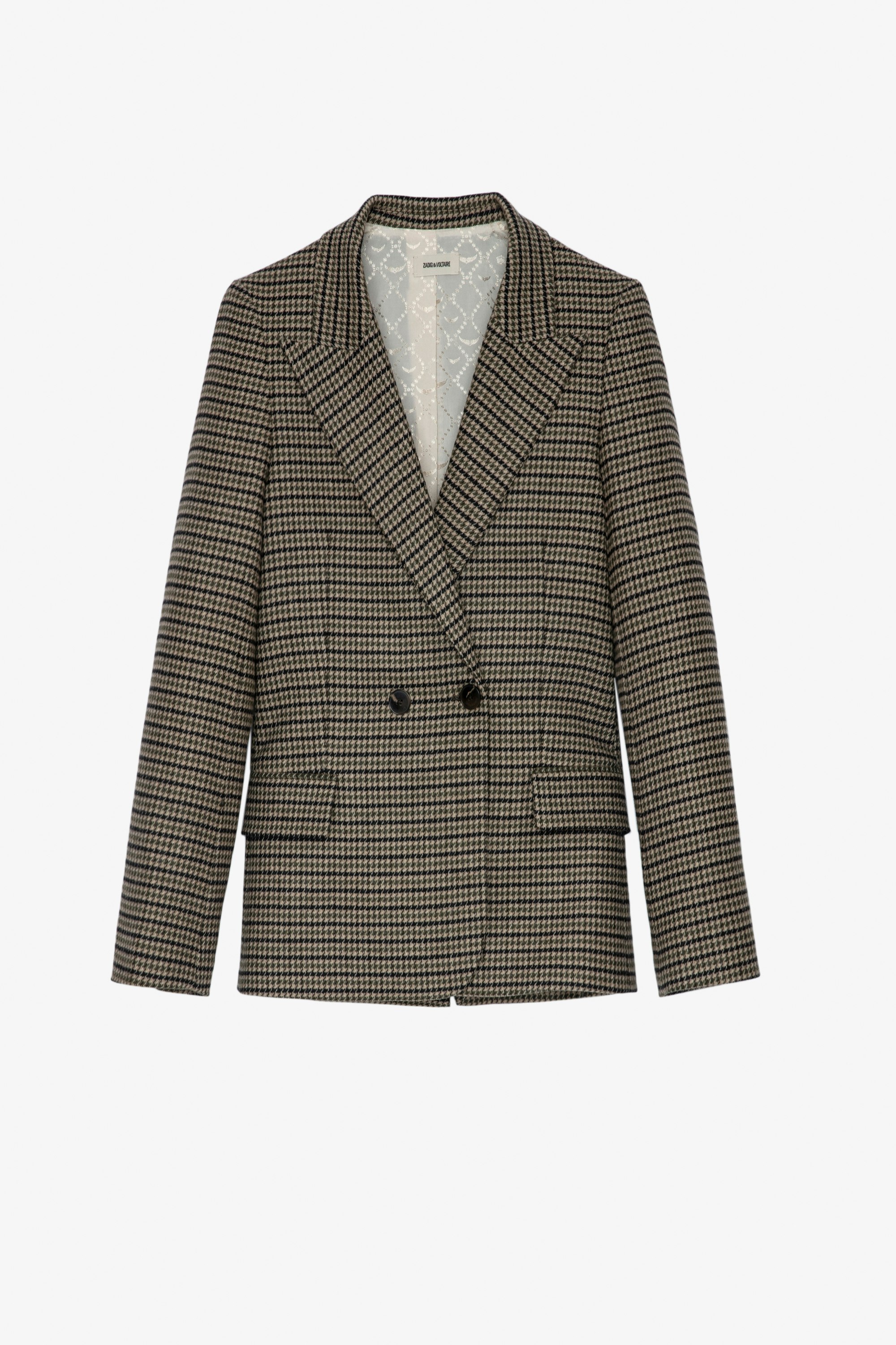 Visit ジャケット Women’s khaki tailored jacket in houndstooth check with star patches on the elbows