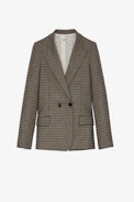Visit Blazer - Women’s khaki tailored jacket in houndstooth check with star patches on the elbows
