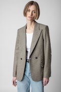 Visit Blazer - Women’s khaki tailored jacket in houndstooth check with star patches on the elbows