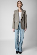 Visit Blazer - Women’s khaki tailored jacket in houndstooth check with star patches on the elbows