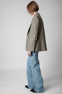 Visit Blazer - Women’s khaki tailored jacket in houndstooth check with star patches on the elbows