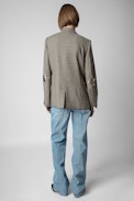 Visit Blazer - Women’s khaki tailored jacket in houndstooth check with star patches on the elbows