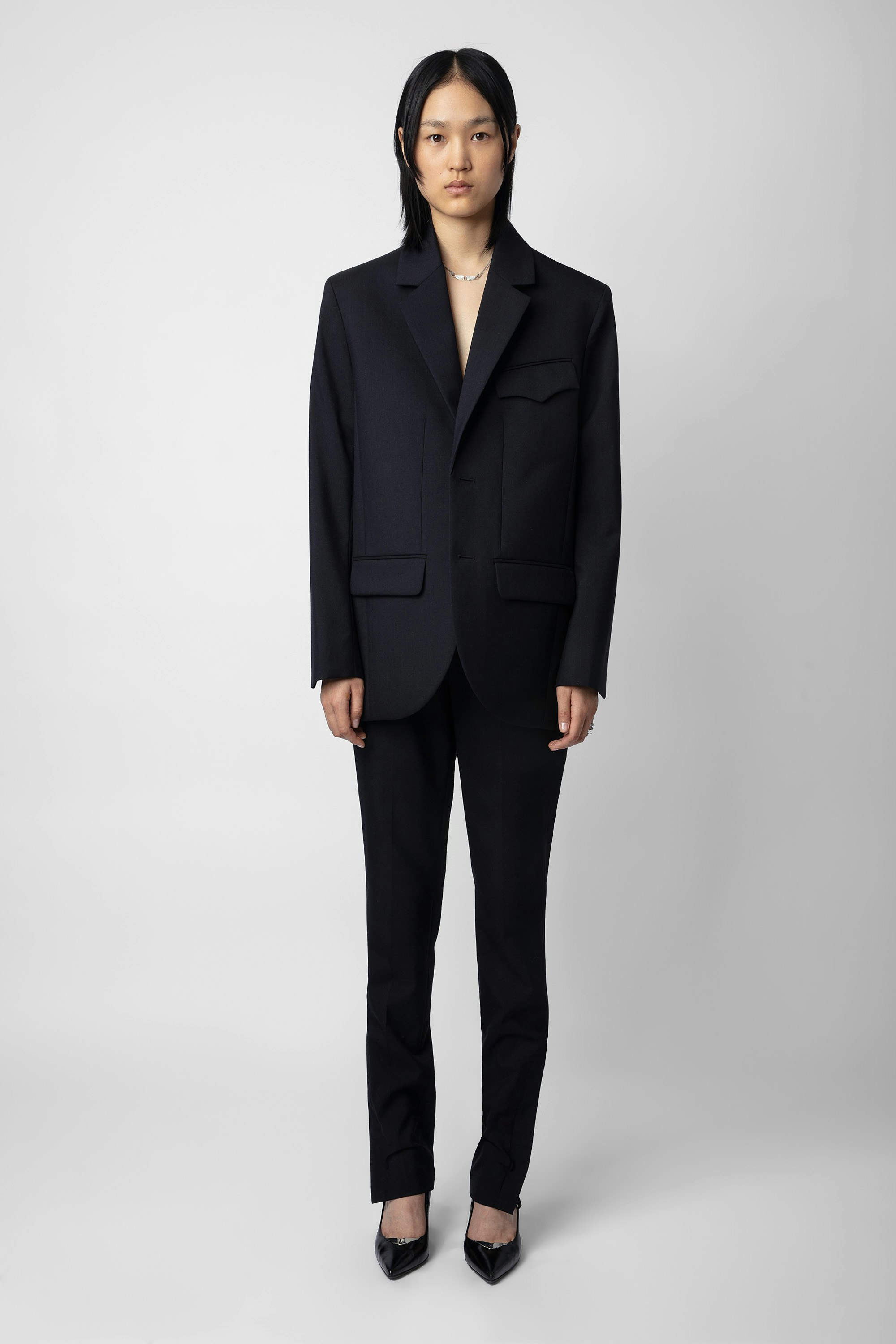 Blazer Vivi - Veste blazer oversize en laine noire à épaulettes.