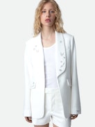 Date Diamanté Blazer - Women's white blazer featuring round collar and diamanté wing embellishment.