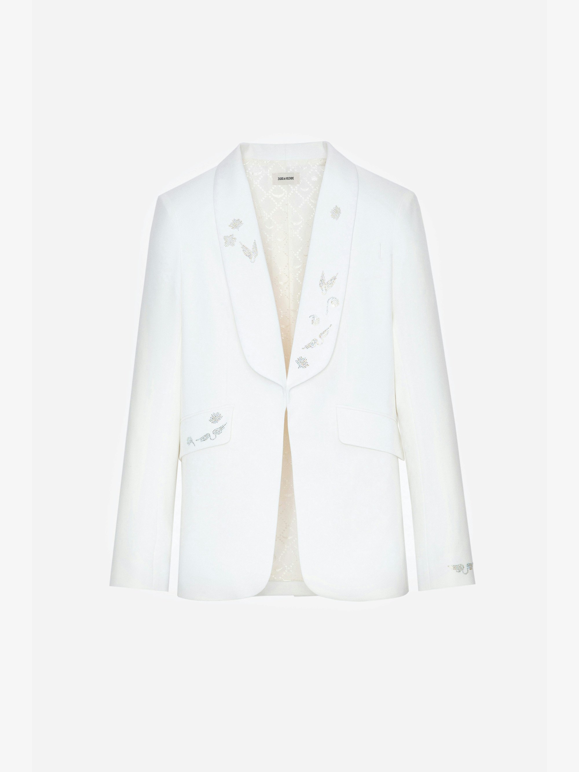 Blazer Date Strass - Veste blazer blanc à col rond et orné d'ailes en strass.