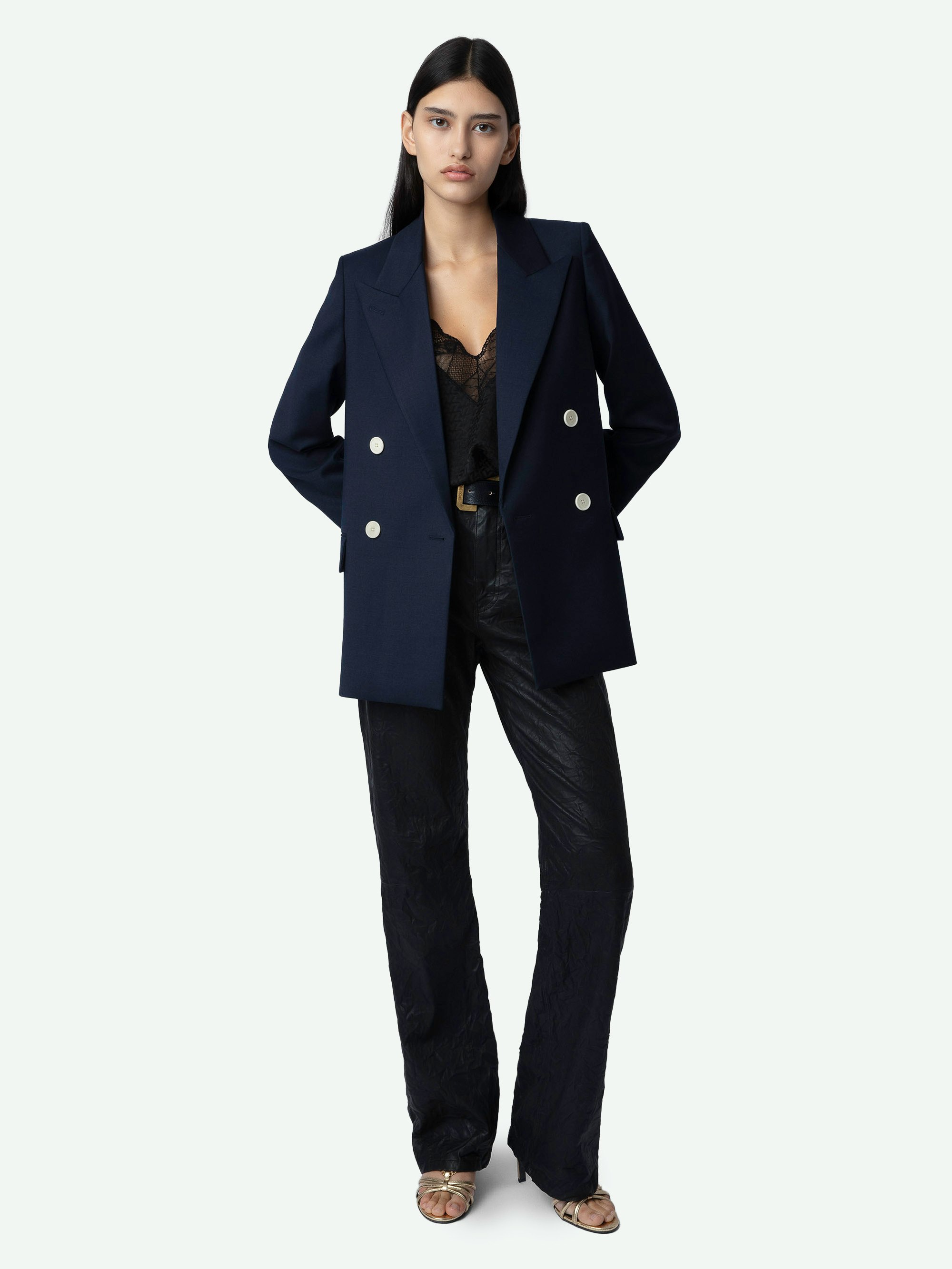 View Blazer - Women's navy blue double-breasted blazer.