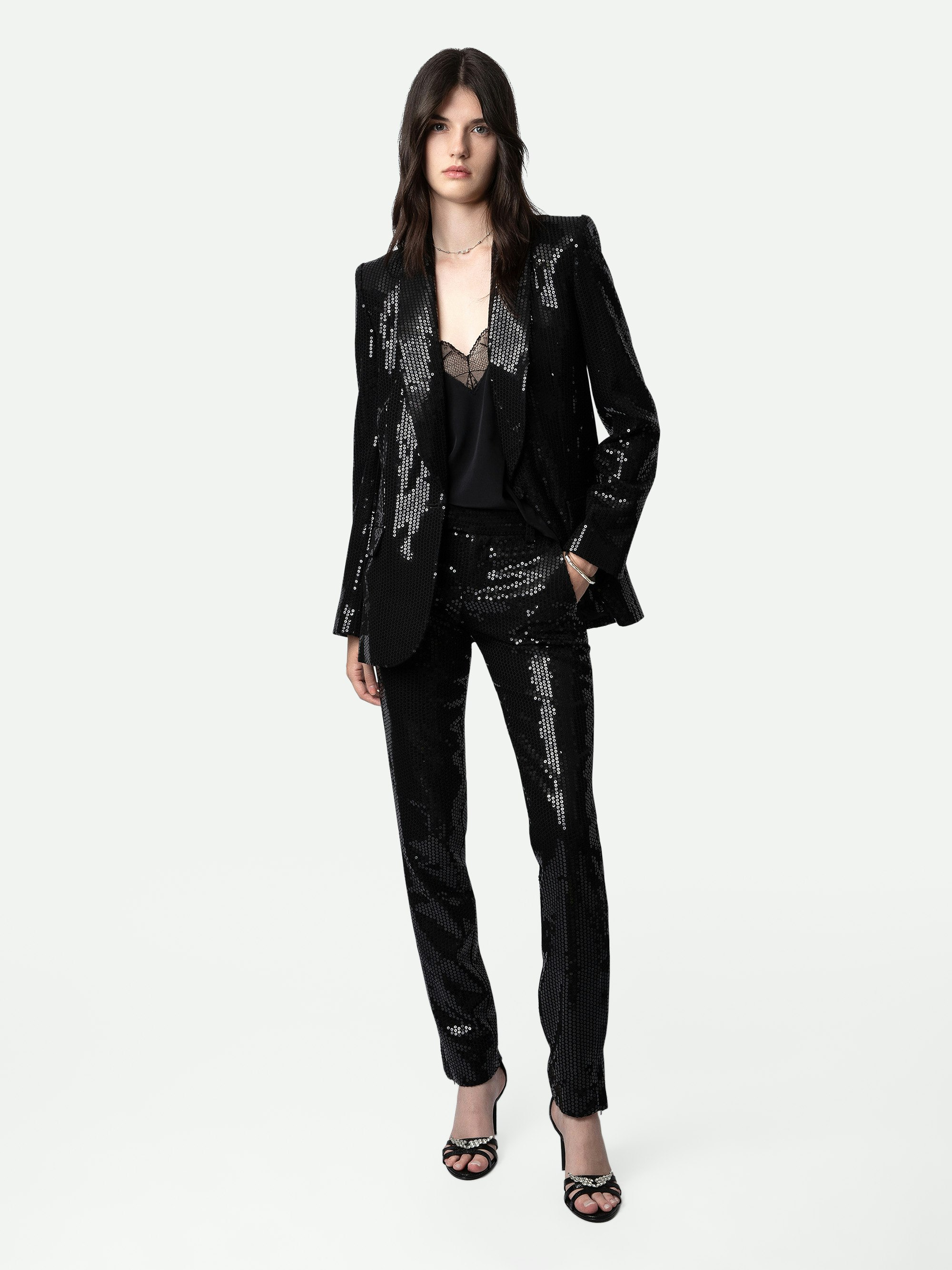 Blazer Vive Sequins - Veste de tailleur blazer noire à sequins, fermeture boutonnée et poches.