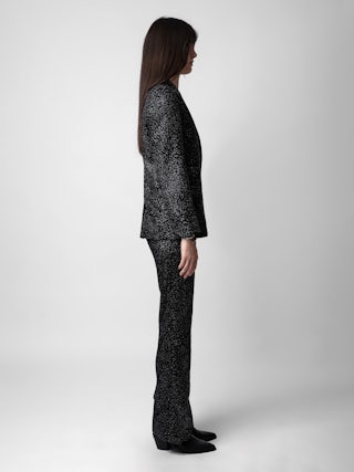Blazer Venus Velours - Veste de tailleur blazer en velours pailleté noir motifs léopard à fermeture boutonnée.