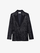 Venus Velvet Blazer - Women’s black glitter velvet tailored blazer with leopard motifs and button fastening.