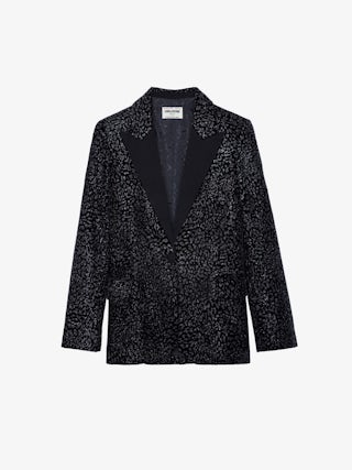 Blazer Venus Velours - Veste de tailleur blazer en velours pailleté noir motifs léopard à fermeture boutonnée.