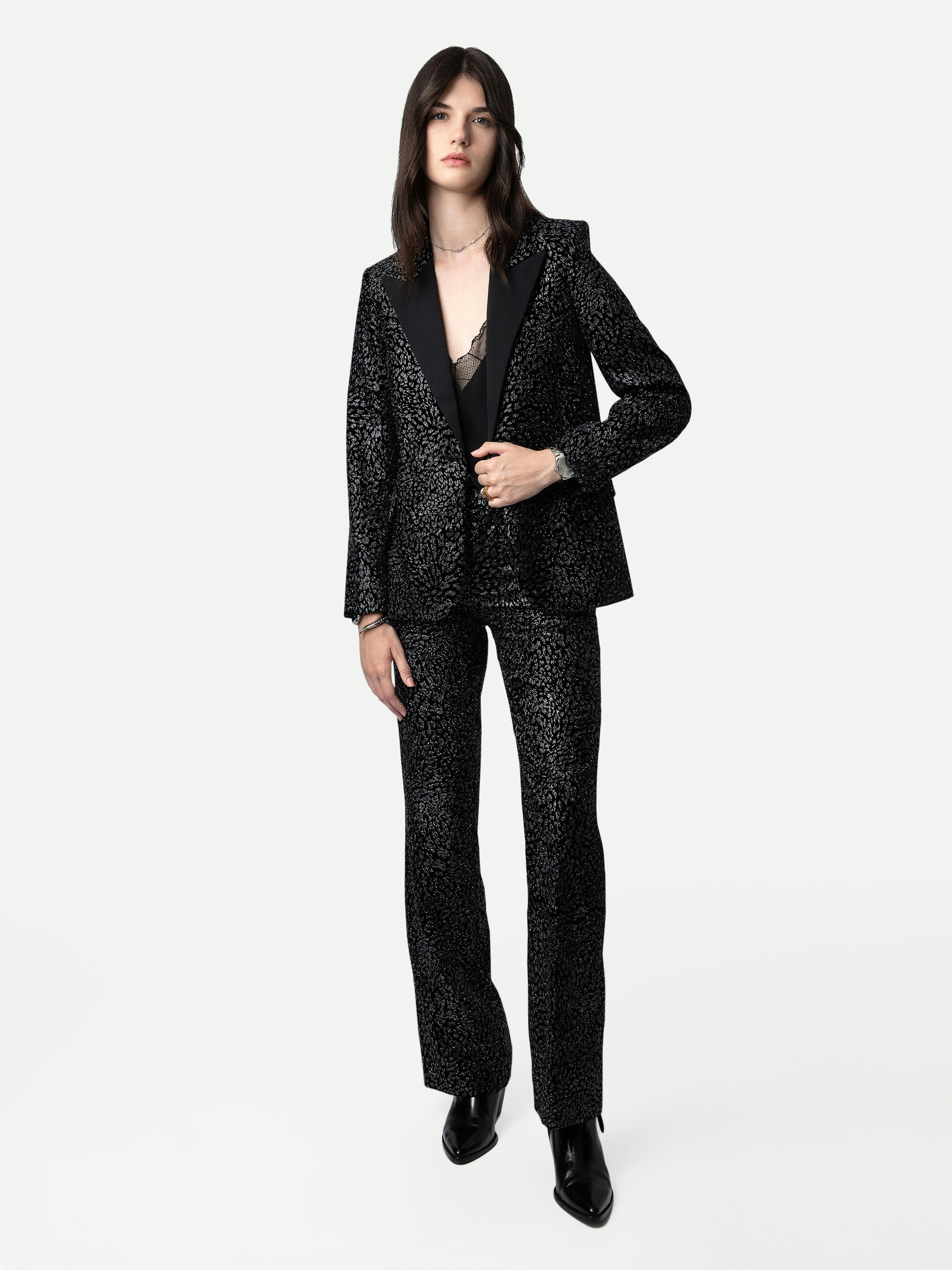 Venus Velvet Blazer - Women’s black glitter velvet tailored blazer with leopard motifs and button fastening.