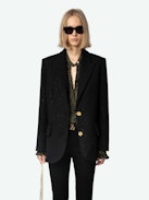 Blazer Vicka - Americana negra de tweed con bolsillos, cierre y manga abotonada.