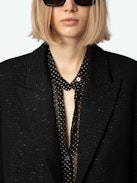 Blazer Vicka - Americana negra de tweed con bolsillos, cierre y manga abotonada.