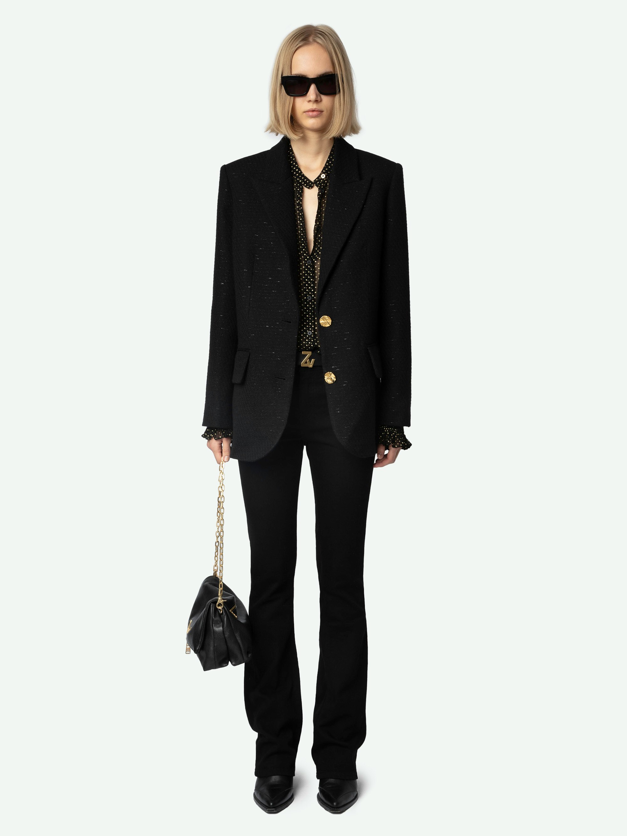 Blazer Vicka - Blazer nero in tweed con tasche, chiusura e maniche con bottoni.