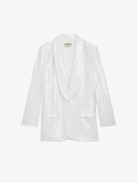 Vive Sequin Blazer - Ecru button-up blazer with sequins and pockets.