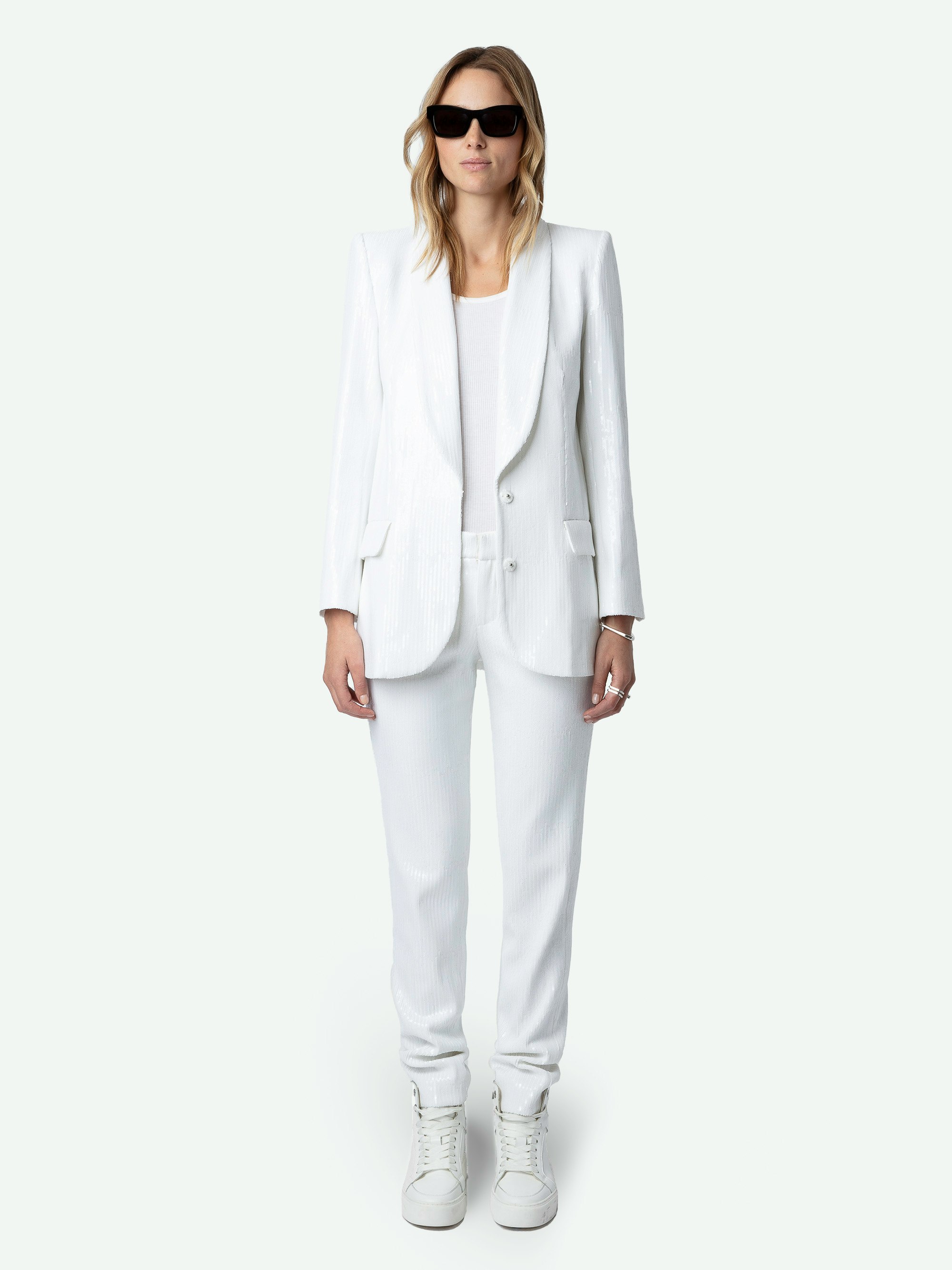 Vive Sequin Blazer - Ecru button-up blazer with sequins and pockets.