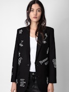 Blazer Viva Strass - Veste blazer noire à fermeture boutonnée, poches et customisations en strass créées par Humberto Cruz.