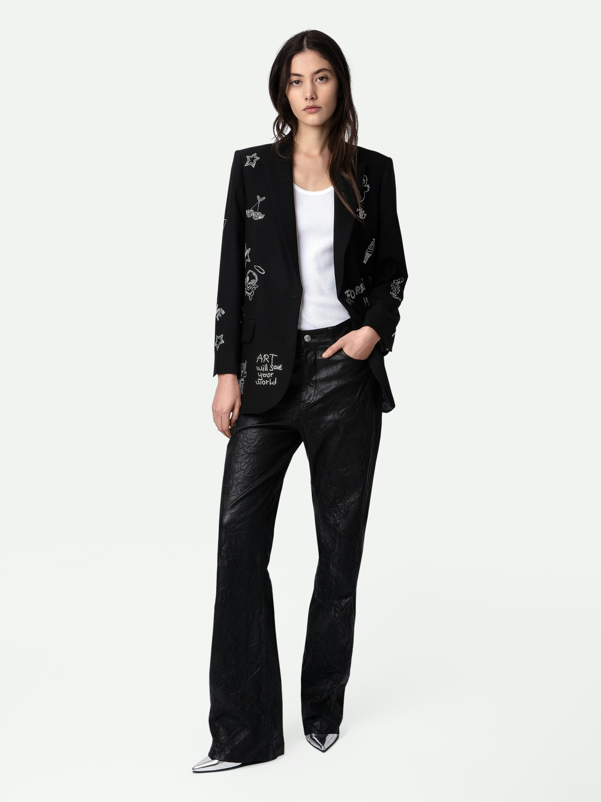 Blazer Viva Strass - Veste blazer noire à fermeture boutonnée, poches et customisations en strass créées par Humberto Cruz.